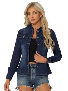 🆕 Casual Denim Jacket for Women's Classic Stand Collar Long Sleeve Jean Jacket